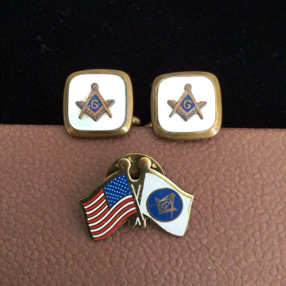 Gold-toned and Mother of Pearl Masonic Cufflinks and Lapel Pin